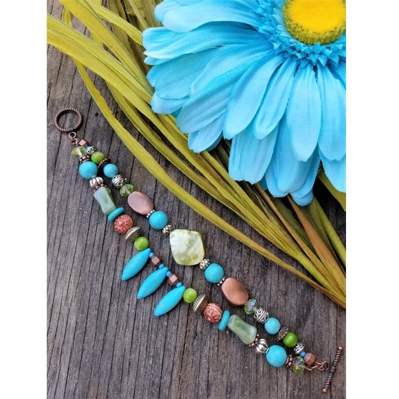 Artisan Bracelet Turquoise Green Copper Silver Shells Stones Glass Beads - Picture 2 of 4